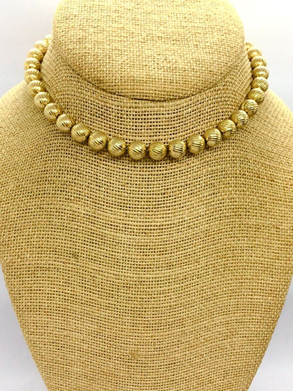 VINTAGE TRIFARI NECKLACE Ribbed Gold Tone Bead Choker Adjustable 6mm 13-15"